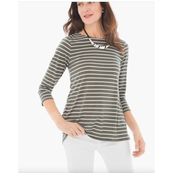 Chicos 2 Striped Asymmetrical 3/4 Sleeve Top shirt Size large knit olive green - Picture 1 of 14